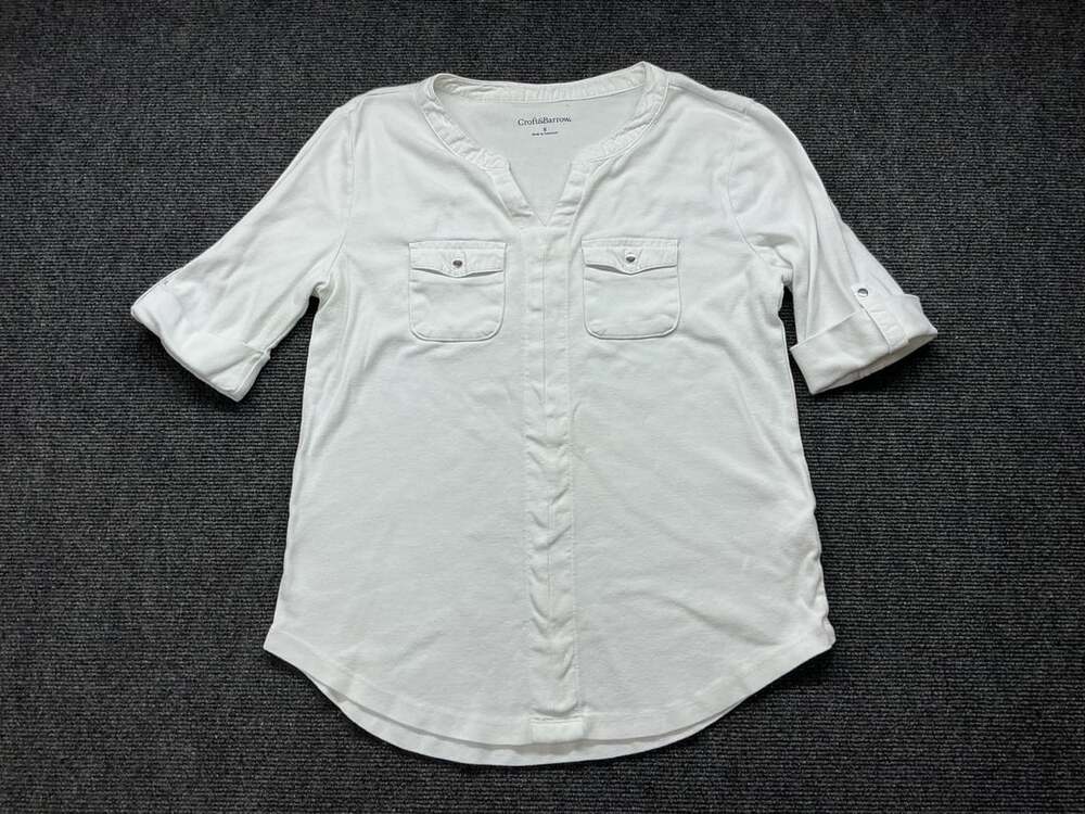 Croft & Barrow V-Neck Roll Tab Sleeve Top Size S White